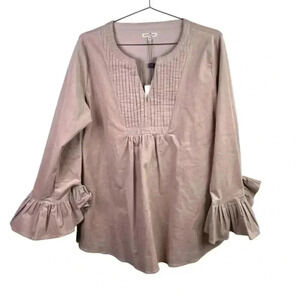 Cortland Park Tan‎ Bella Corduroy Flounce Sleeve Tunic Blouse